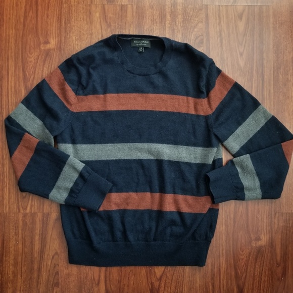 Merino Wool Sweater Mens Navy Stripe Orange Grey - Picture 1 of 5